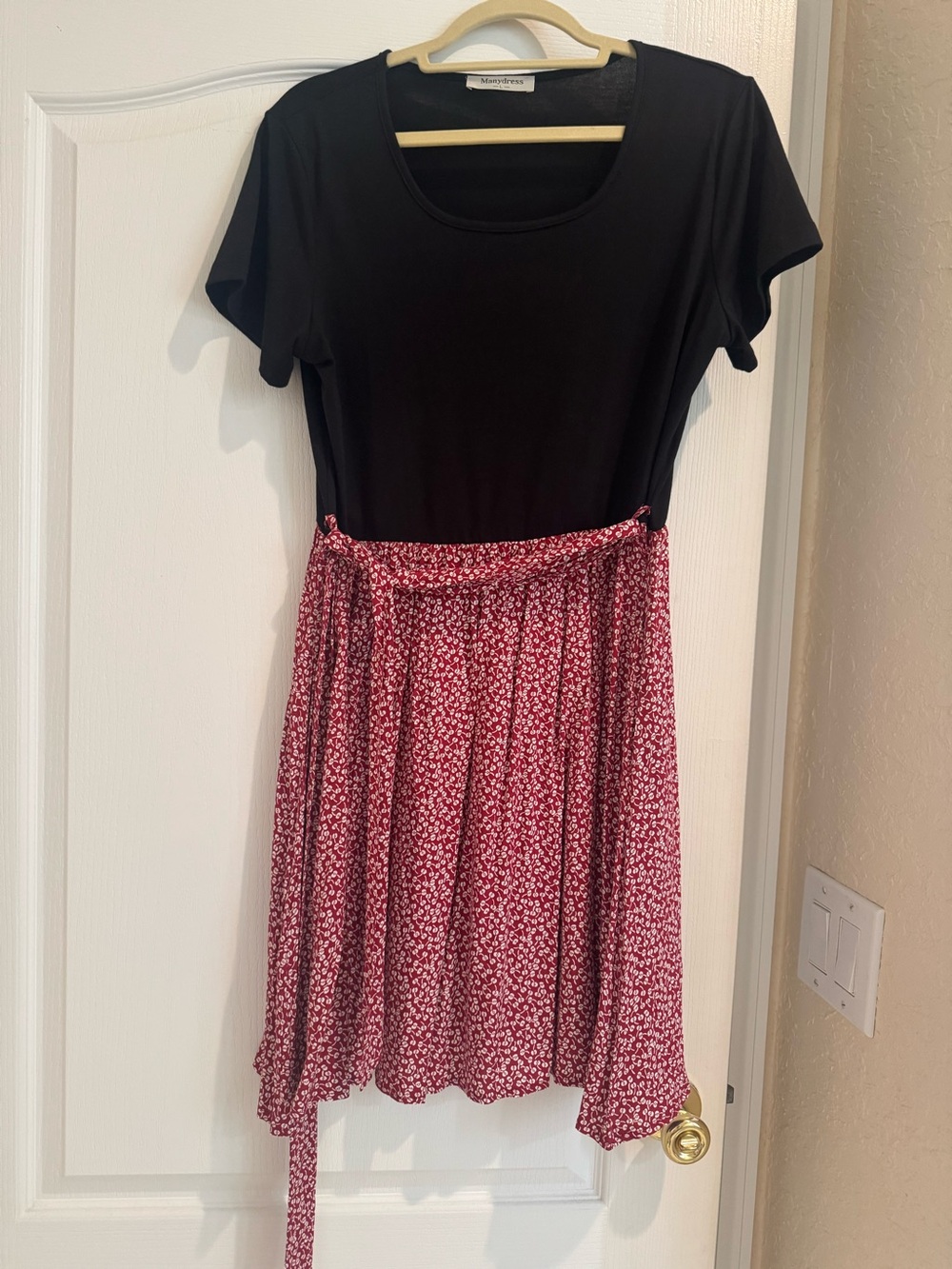 Black Scoop Neck Top with Red Floral Wrap Skirt